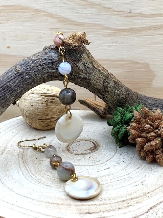 Boucles d'oreilles Calcédoine dorée & Nacre de coquillage