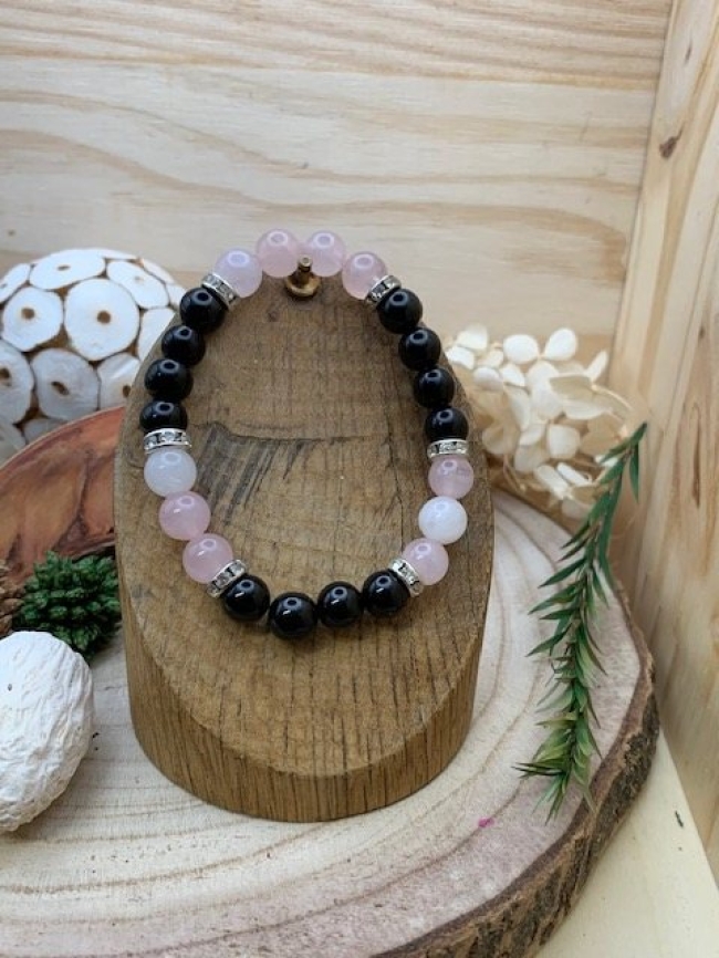 Bracelet Onyx & Quartz rose